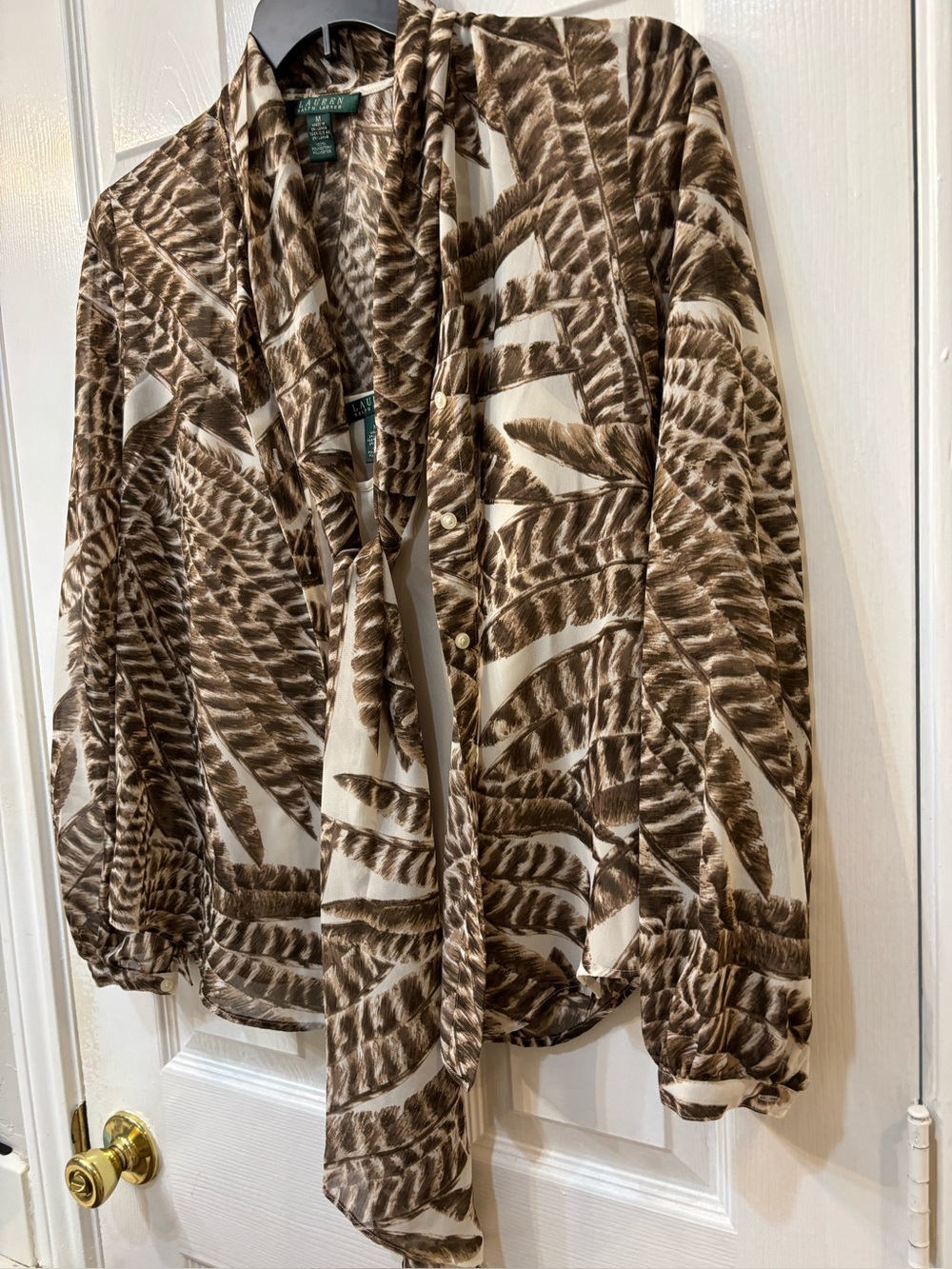 Ralph Lauren Brown and Cream Feather-Print Tie-Neck Jacket